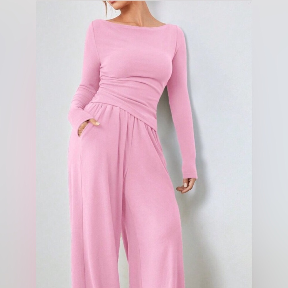 Pink Casual Women's Long Sleeve Blouse And Pants Set